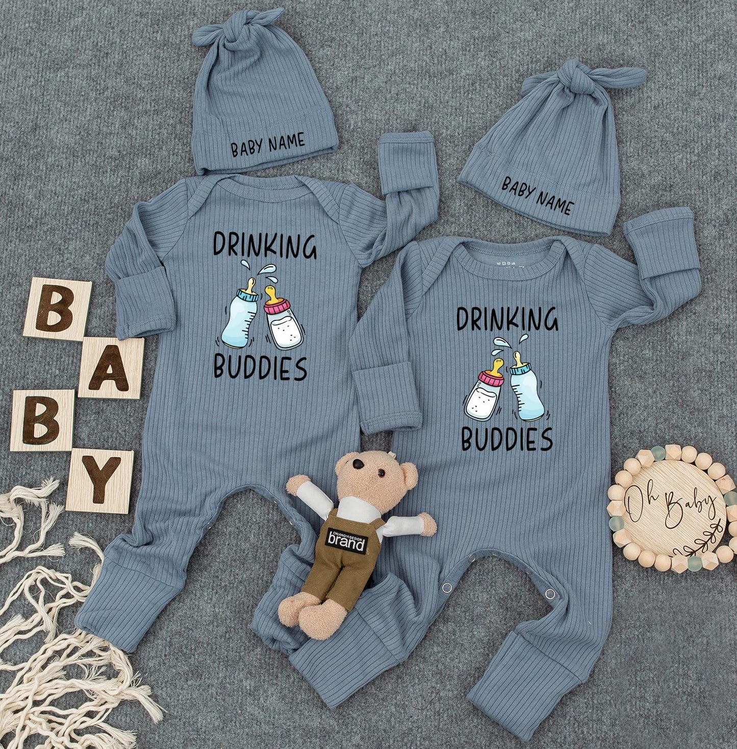 Drinking Buddies Personalized Romper: Custom Name on Hat, Funny Twin Newborn Outfit, Cute Baby Boy Girl Bodysuit, Womb Mates Double Trouble Gift 136