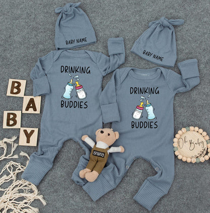 Drinking Buddies Personalized Romper: Custom Name on Hat, Funny Twin Newborn Outfit, Cute Baby Boy Girl Bodysuit, Womb Mates Double Trouble Gift 136