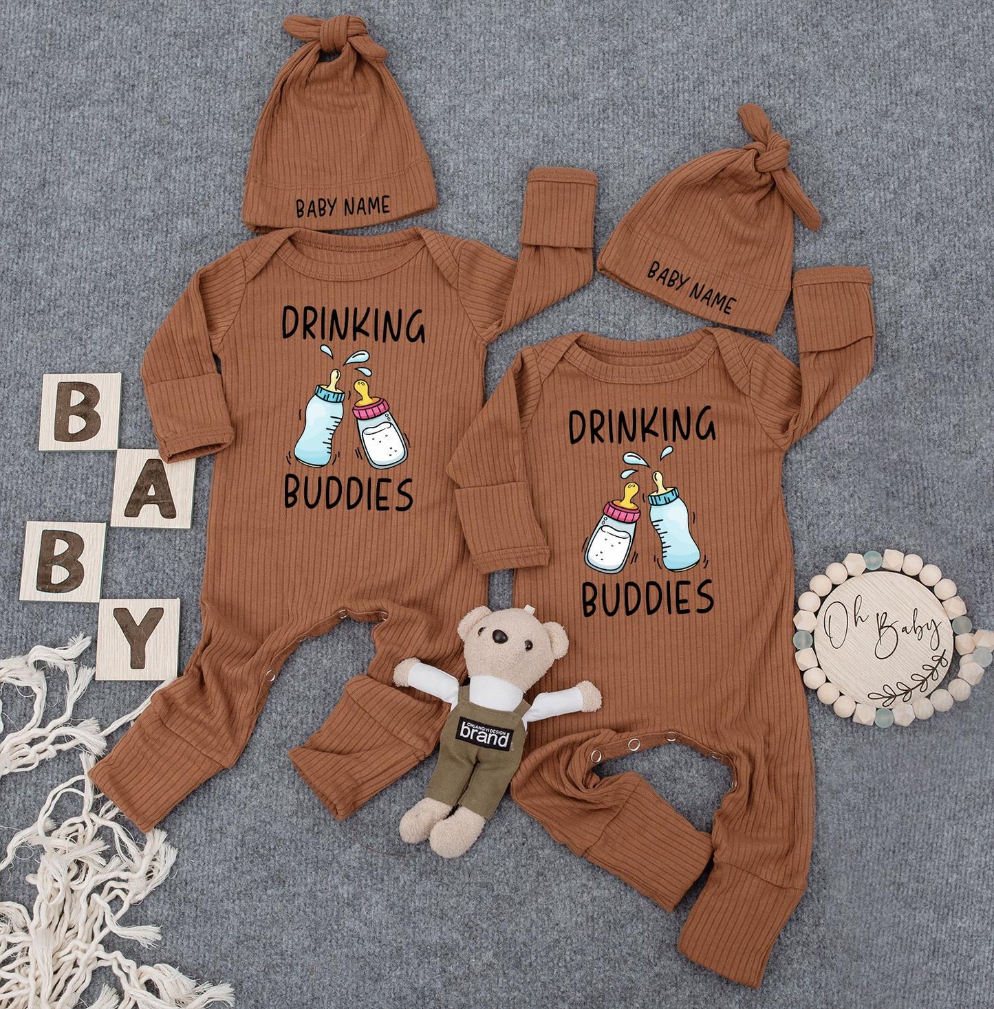 Drinking Buddies Personalized Romper: Custom Name on Hat, Funny Twin Newborn Outfit, Cute Baby Boy Girl Bodysuit, Womb Mates Double Trouble Gift 136