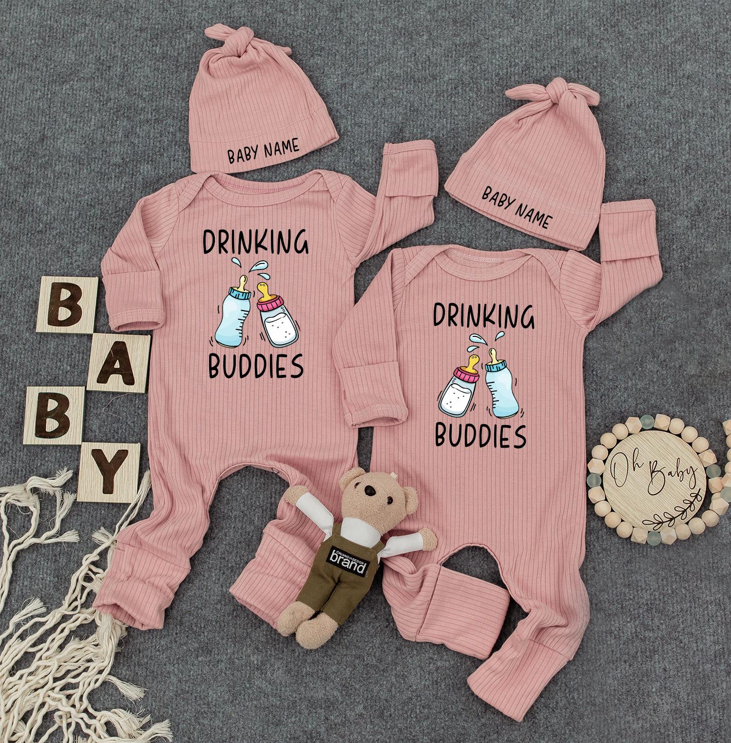 Drinking Buddies Personalized Romper: Custom Name on Hat, Funny Twin Newborn Outfit, Cute Baby Boy Girl Bodysuit, Womb Mates Double Trouble Gift 136