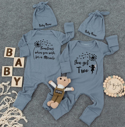 Miracle & Two Bodysuit Twin Set, Dandelion Wish, Custom Baby Name Hat, Whimsical Newborn Outfit, Soft Infant Clothes, Perfect Baby Shower Gift 138