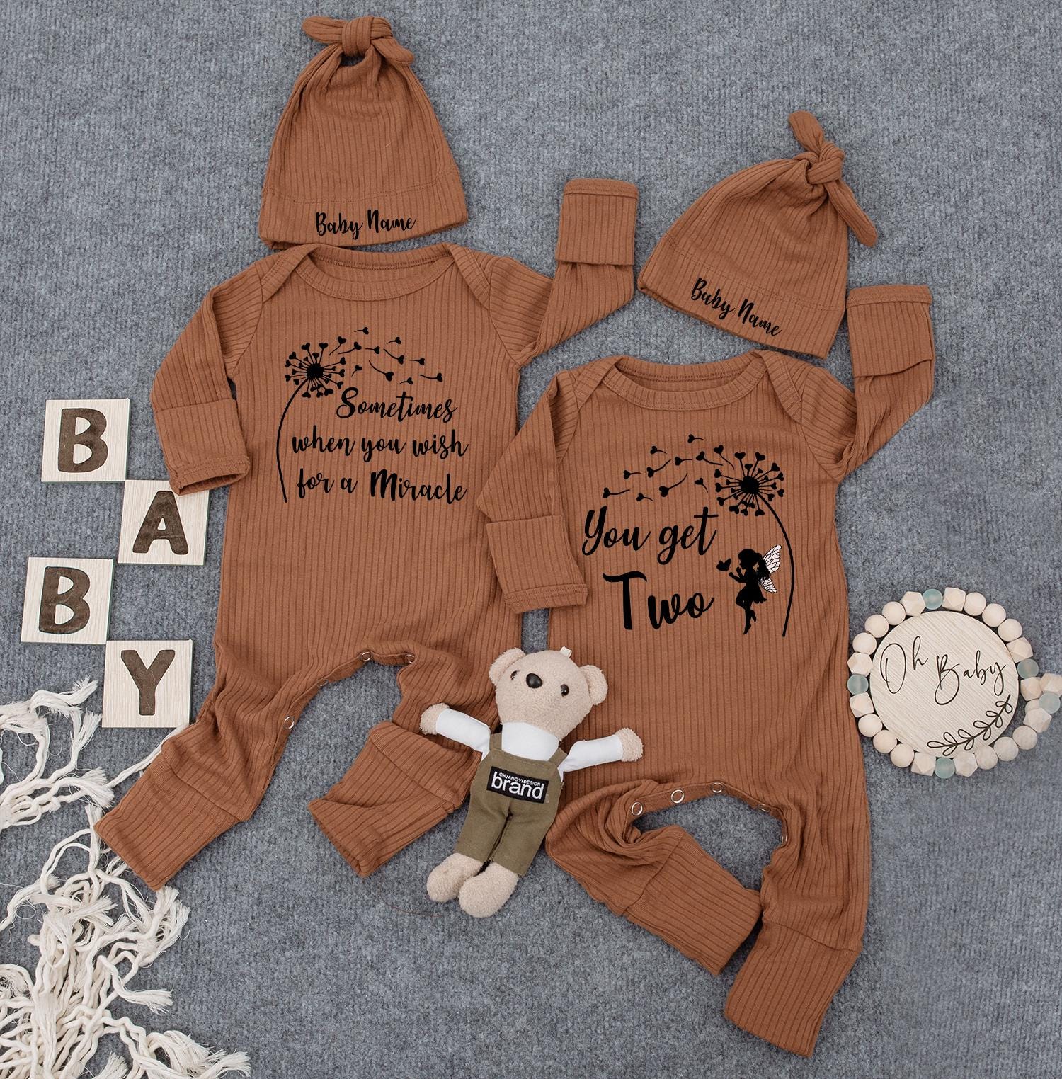 Miracle & Two Bodysuit Twin Set, Dandelion Wish, Custom Baby Name Hat, Whimsical Newborn Outfit, Soft Infant Clothes, Perfect Baby Shower Gift 138