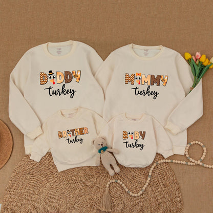 Matching Family Turkey Thanksgiving Sweatshirts: Retro Fall Outfits for Mommy, Daddy, Brother & Baby - Pumpkin Spice Season's Cutest Turkey Look! (139 chars)