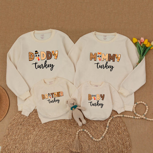 Matching Family Turkey Thanksgiving Sweatshirts: Retro Fall Outfits for Mommy, Daddy, Brother & Baby - Pumpkin Spice Season's Cutest Turkey Look! (139 chars)