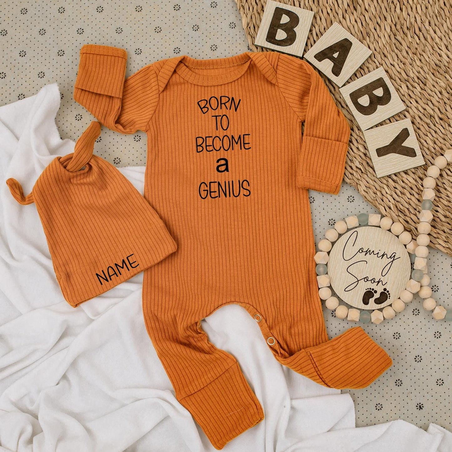Born to Become a Genius Baby Bodysuit Set, Custom Name Hat, Minimalist Design Newborn Outfit, Cute & Funny Infant Clothes, Announcement Gift 138