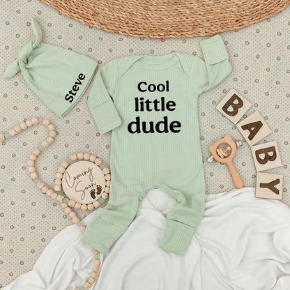 Personalized Cool Little Dude Baby Boy Bodysuit and Name Hat Set Newborn Coming Soon Big Brother Gift Outfit Modern Soft Cotton Announcement Wear