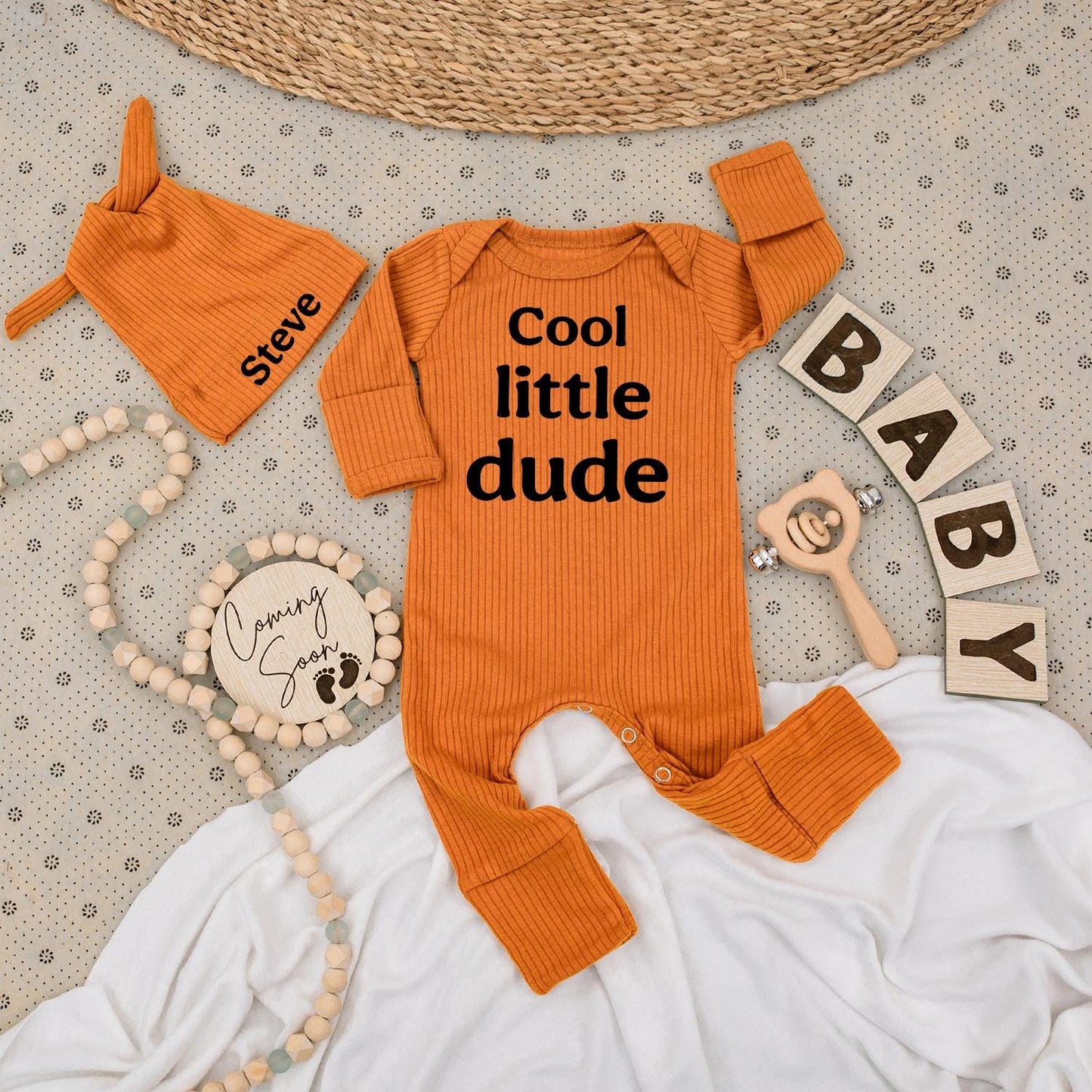 Personalized Cool Little Dude Baby Boy Bodysuit and Name Hat Set Newborn Coming Soon Big Brother Gift Outfit Modern Soft Cotton Announcement Wear