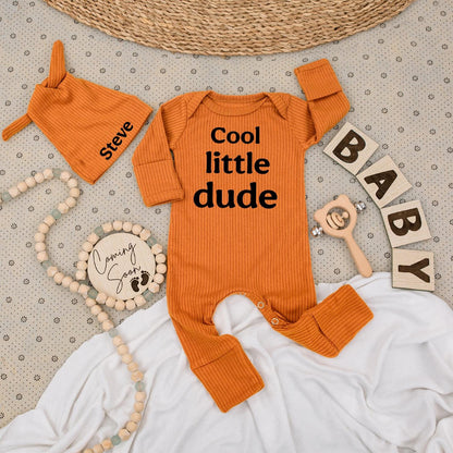 Personalized Cool Little Dude Baby Boy Bodysuit and Name Hat Set Newborn Coming Soon Big Brother Gift Outfit Modern Soft Cotton Announcement Wear