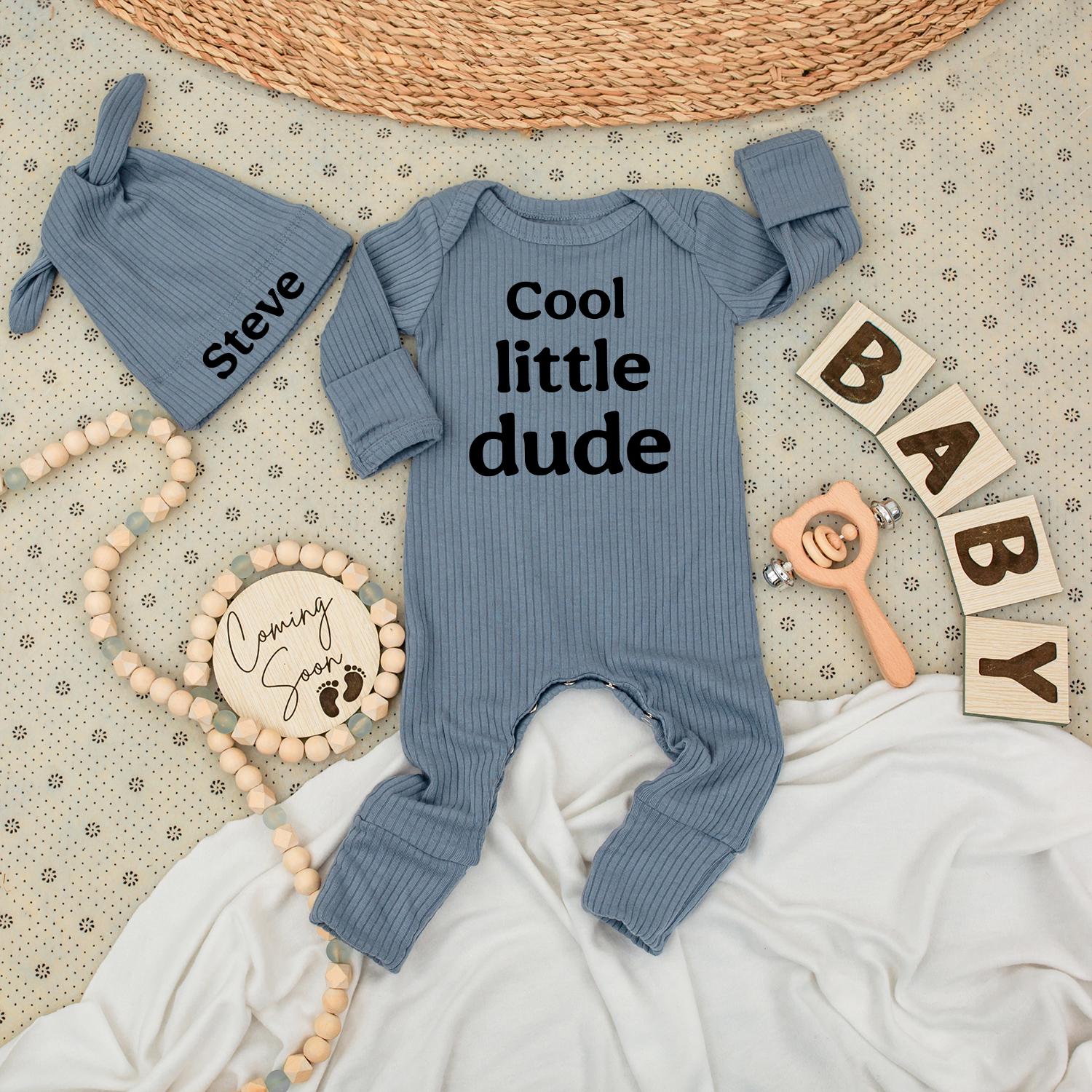 Personalized Cool Little Dude Baby Boy Bodysuit and Name Hat Set Newborn Coming Soon Big Brother Gift Outfit Modern Soft Cotton Announcement Wear