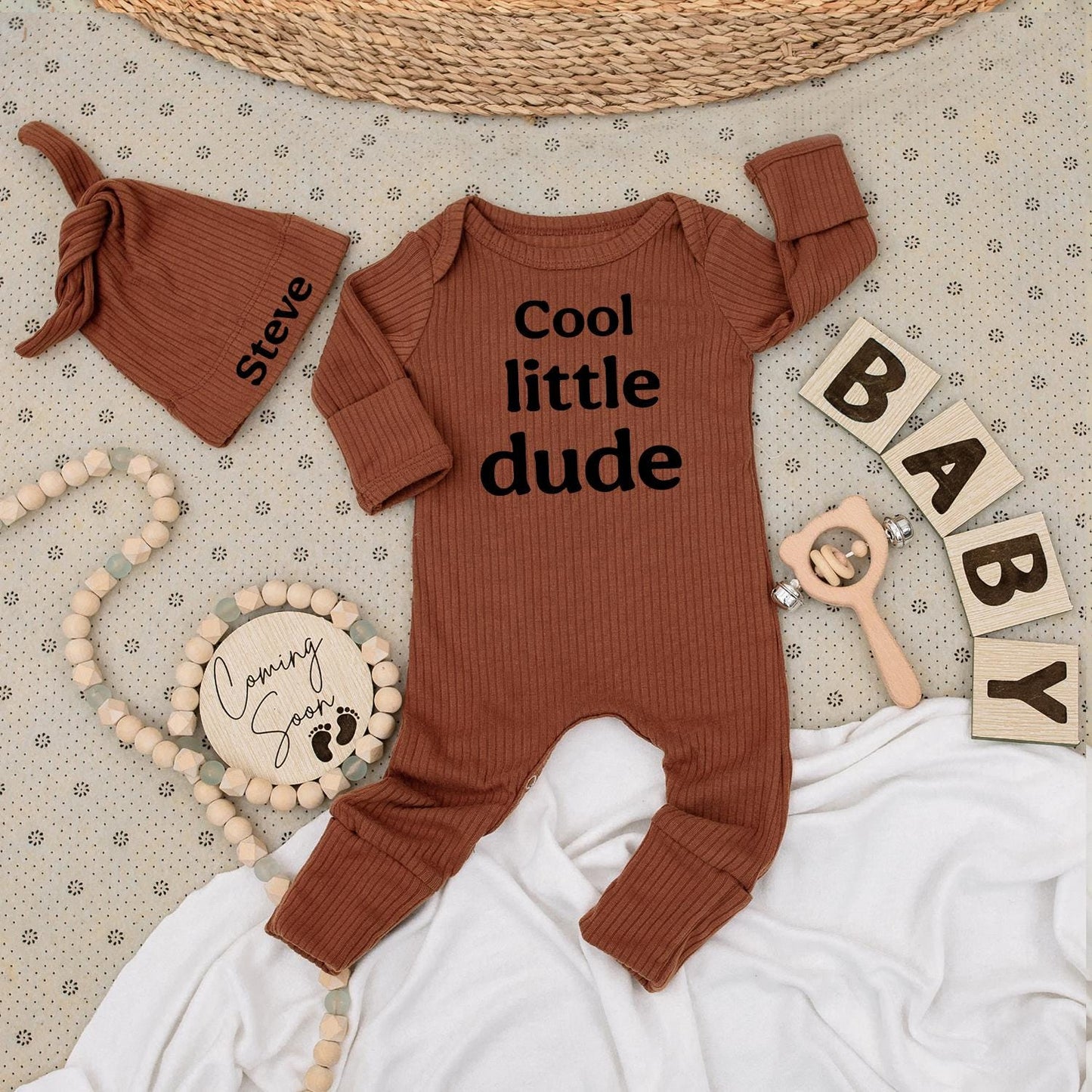 Personalized Cool Little Dude Baby Boy Bodysuit and Name Hat Set Newborn Coming Soon Big Brother Gift Outfit Modern Soft Cotton Announcement Wear