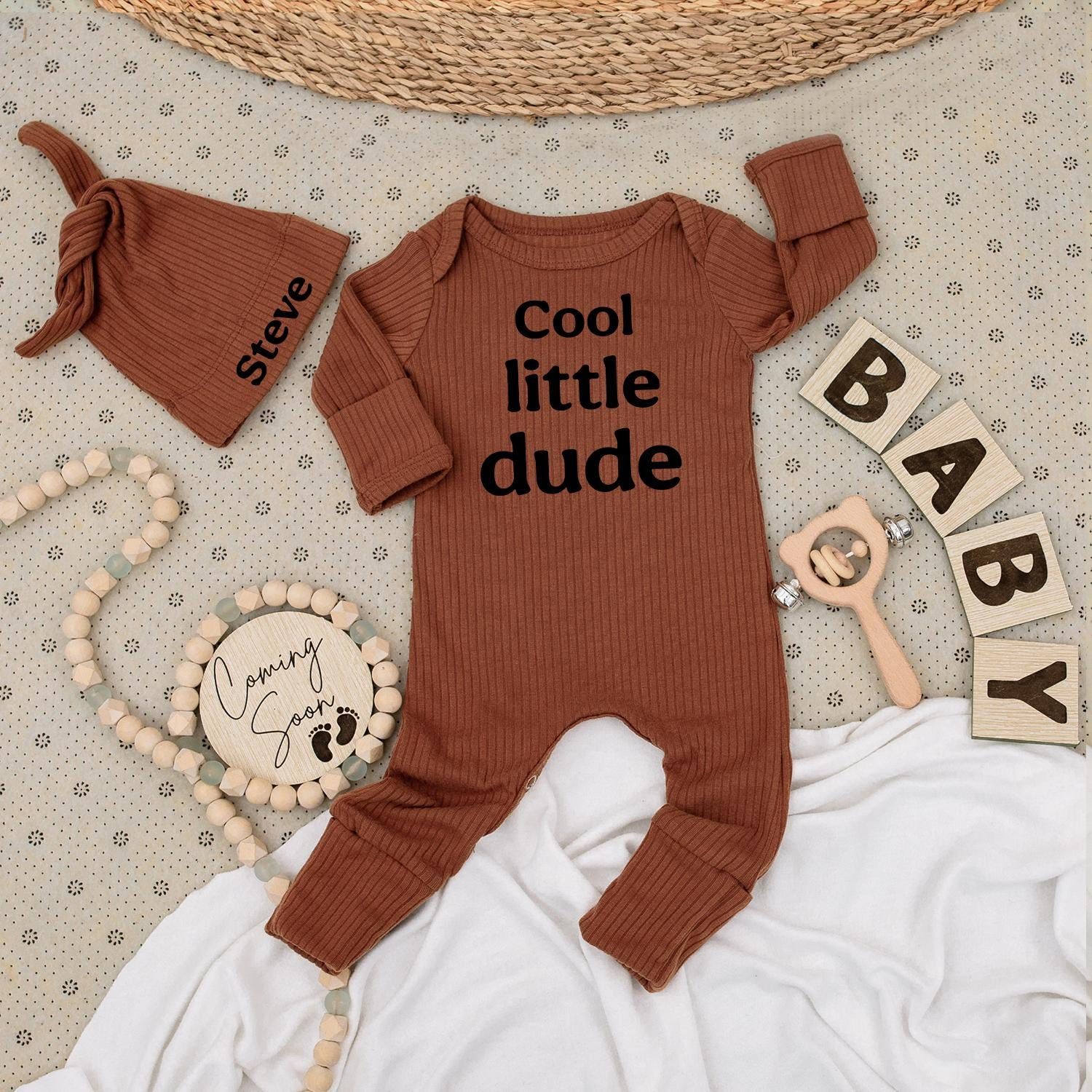 Personalized Cool Little Dude Baby Boy Bodysuit and Name Hat Set Newborn Coming Soon Big Brother Gift Outfit Modern Soft Cotton Announcement Wear