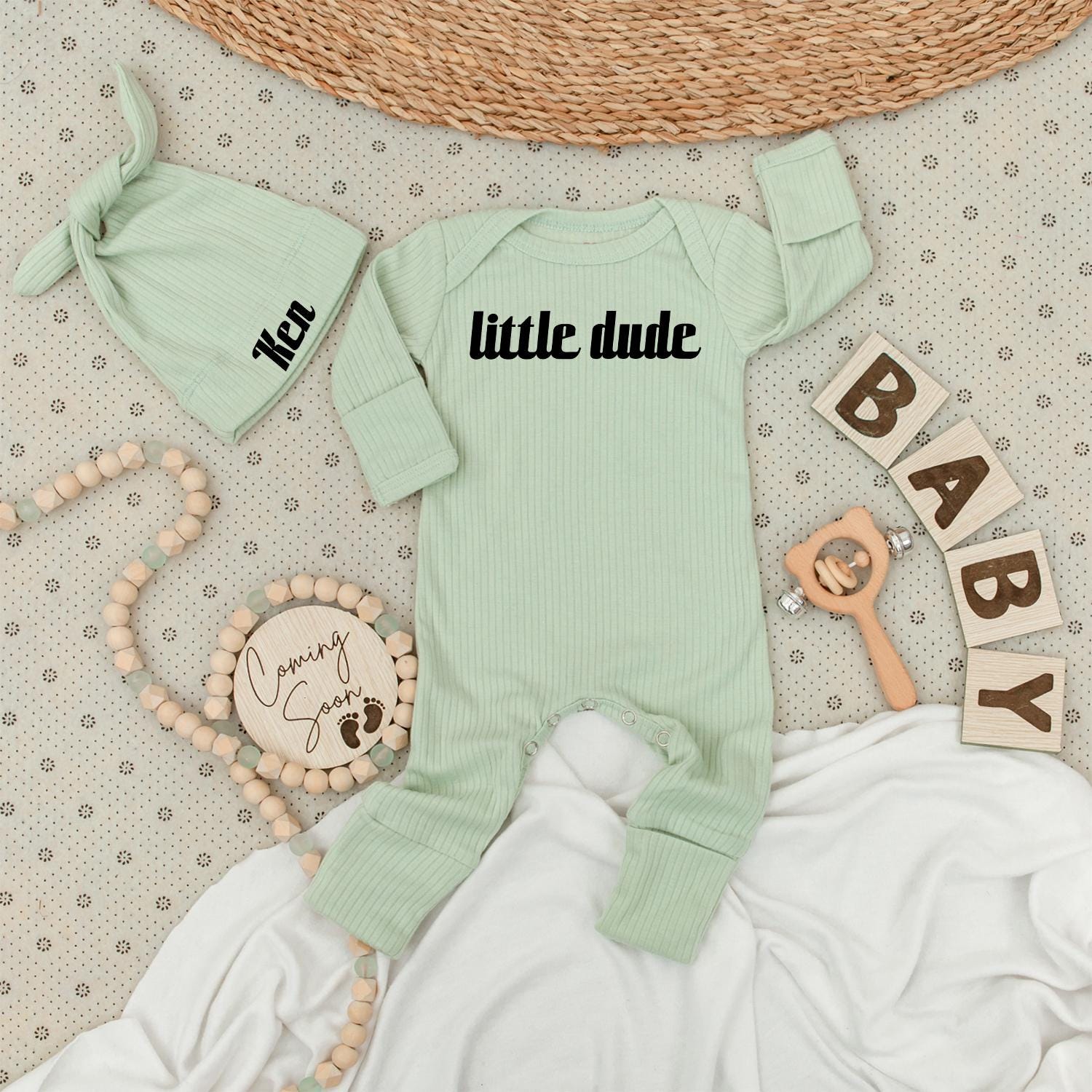 Little Dude Bodysuit & Hat Set - Personalized Baby Gift with Custom Name Ken, Modern Newborn Outfit Coming Home Clothes, Cute Baby Shower Gift Set