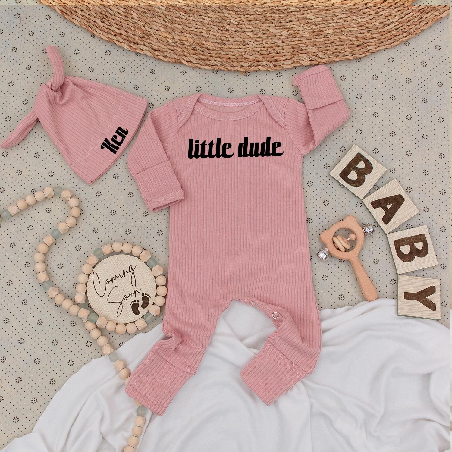 Little Dude Bodysuit & Hat Set - Personalized Baby Gift with Custom Name Ken, Modern Newborn Outfit Coming Home Clothes, Cute Baby Shower Gift Set