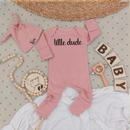 Little Dude Bodysuit & Ken Hat Set Personalized Baby Gift Newborn Shower Outfit Black Cursive Design Modern Announcement