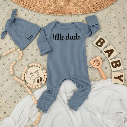Little Dude Bodysuit & Ken Hat Set Personalized Baby Gift Newborn Shower Outfit Black Cursive Design Modern Announcement