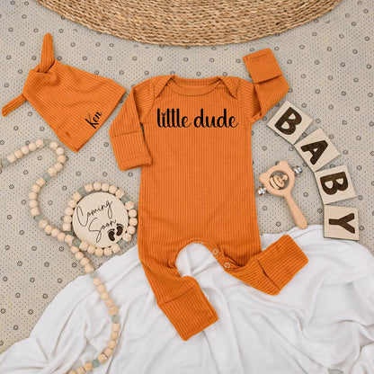 Little Dude Bodysuit & Ken Hat Set Personalized Baby Gift Newborn Shower Outfit Black Cursive Design Modern Announcement