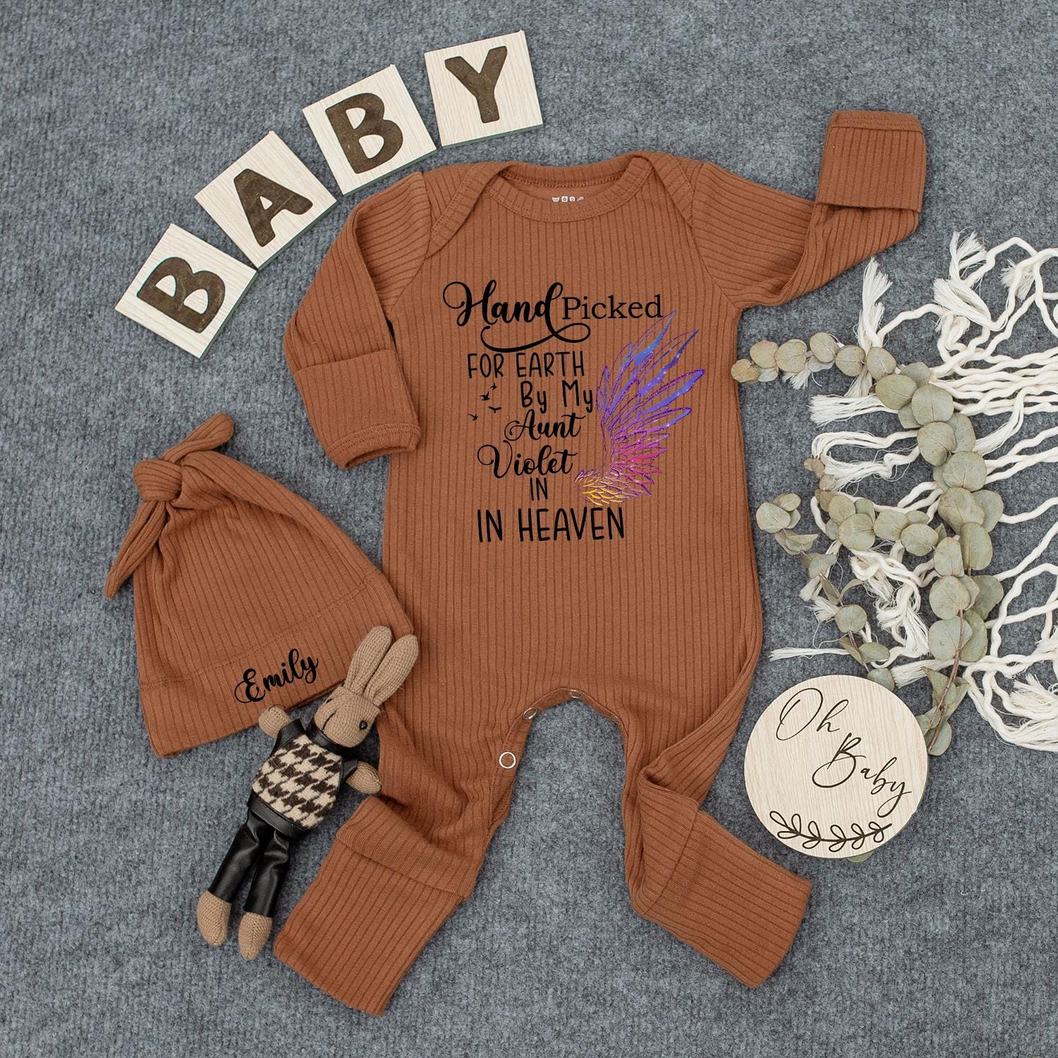 Hand Picked for Earth by My Grandma in Heaven Baby Bodysuit, Angel Wing Newborn Outfit, Pregnancy Announcement, Baby Shower Gift, Personalized Emily 138 chars