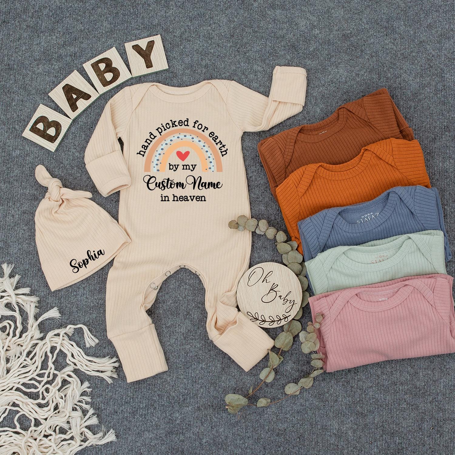 Custom Hand Picked for Earth by My Grandma in Heaven Bodysuit Soft Peach Blue Beige Rainbow Baby Shower Gift Newborn Clothes