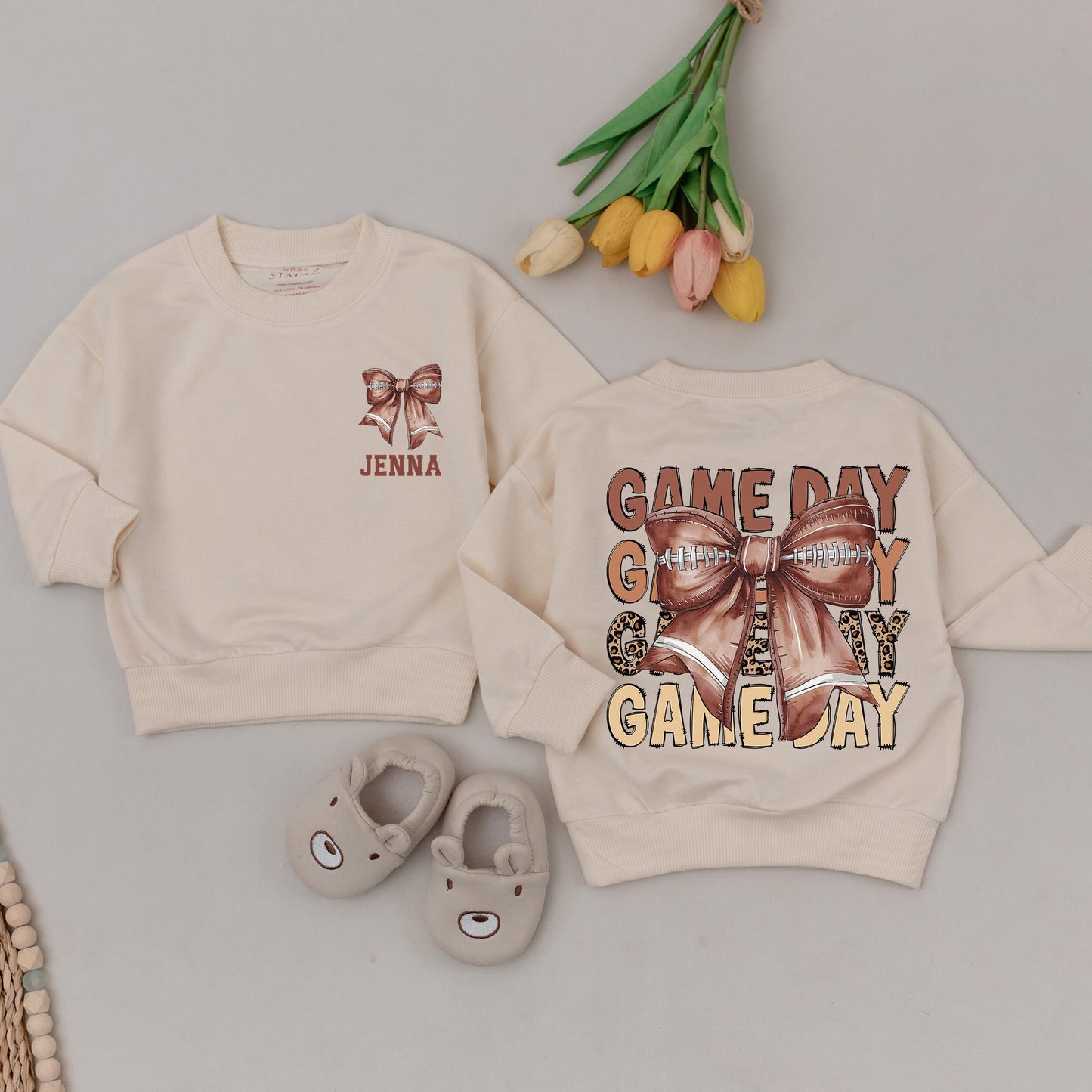 Personalized Baby Girl Game Day Football Outfit Retro Bow Bubble Romper Vintage Animal Print Jenna Name Brown Hue Sweatshirt