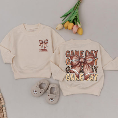 Personalized Baby Girl Game Day Football Outfit Retro Bow Bubble Romper Vintage Animal Print Jenna Name Brown Hue Sweatshirt