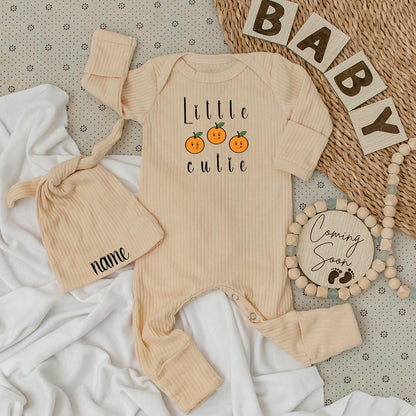 Little Cutie Bodysuit & Hat Set Personalized with Name, Sweet Cartoon Orange Illustrations, Newborn Outfit Coming Home Gift Cute Unisex Baby Clothes