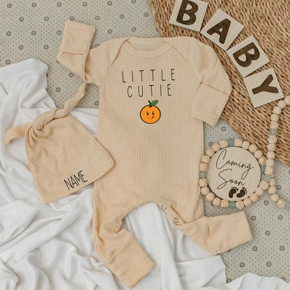 Little Cutie Personalized Baby Bodysuit and Hat Set, Smiling Orange Design, Custom Name Outfit, Newborn Gift, Soft Cotton, Coming Home Outfit Adorable Clothes