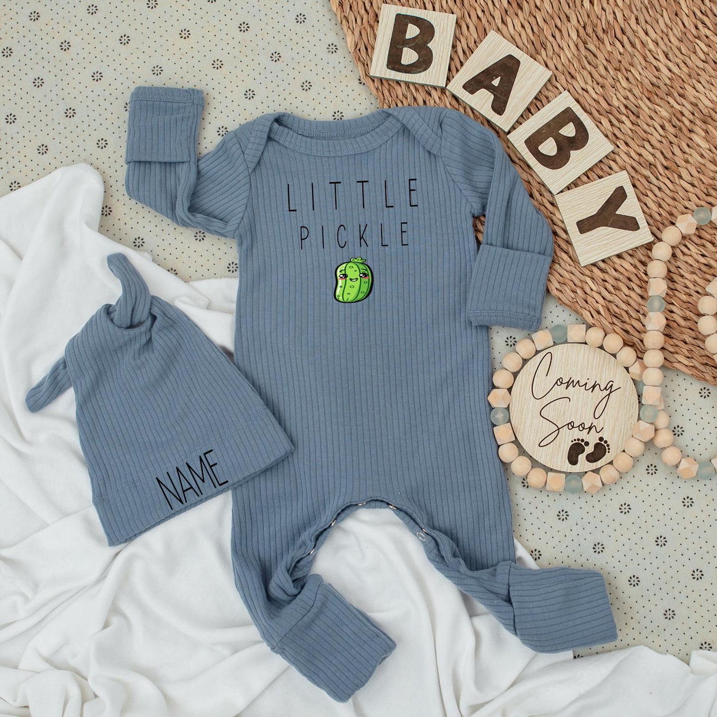 Little Pickle Baby Bodysuit and Hat Set Cute Green Pickle Design New Baby Gift Going Home Outfit Organic Cotton