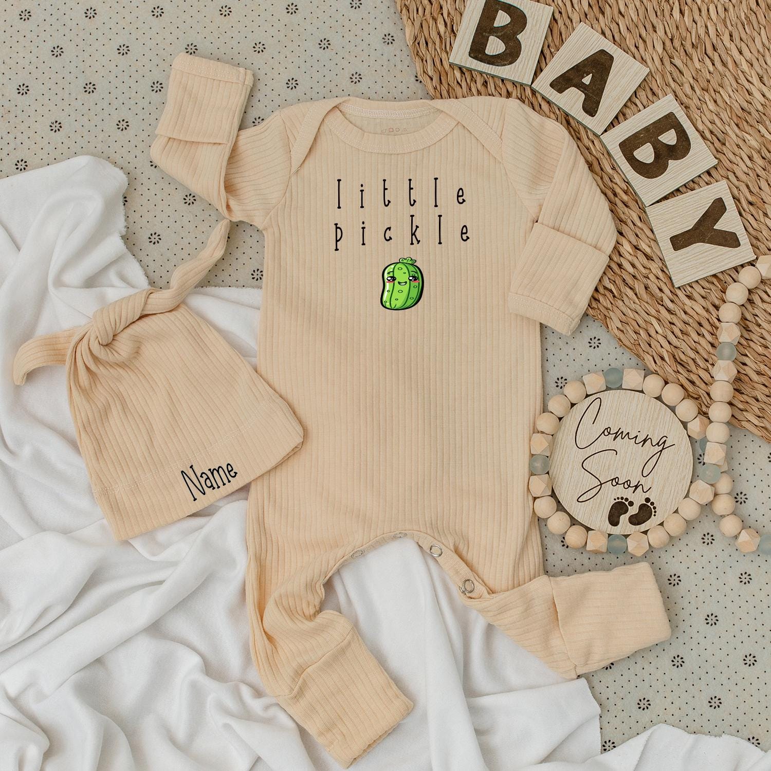 Little Pickle Baby Bodysuit and Hat Set Cute Smiling Pickle Graphic Outfit for Newborns and Infants New Baby Gift