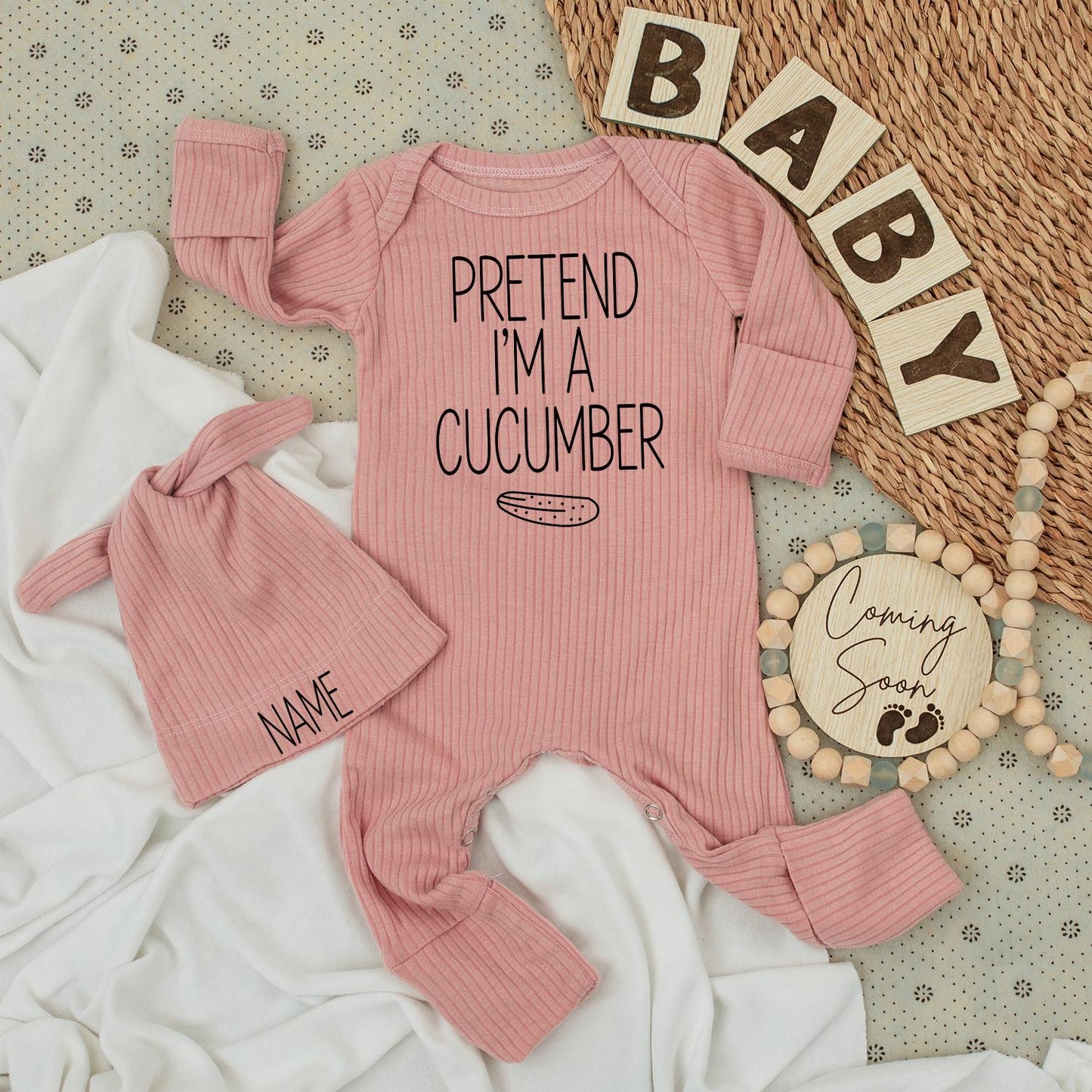 Personalized Pretend I'm a Cucumber Baby Bodysuit and Name Hat Set Cute New Baby Gift Newborn Going Home Outfit Gender Neutral Romper