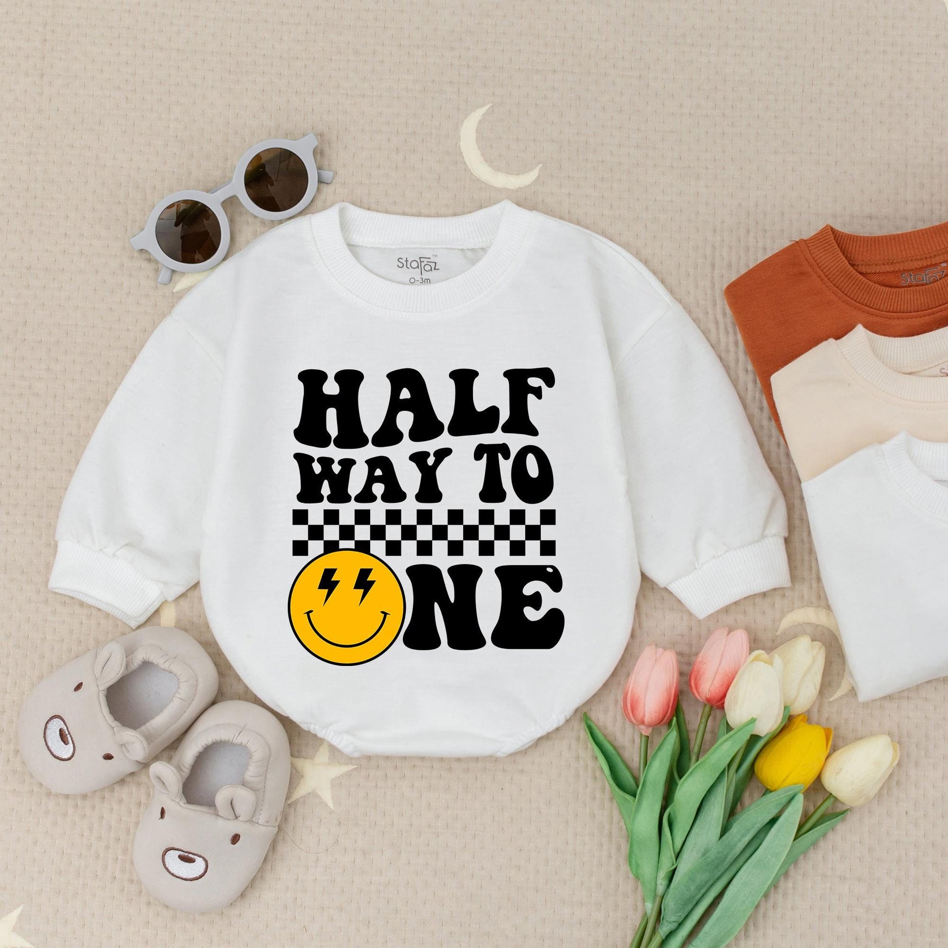 Halfway to One Birthday Romper - Unisex Smiley Face Party Outfit