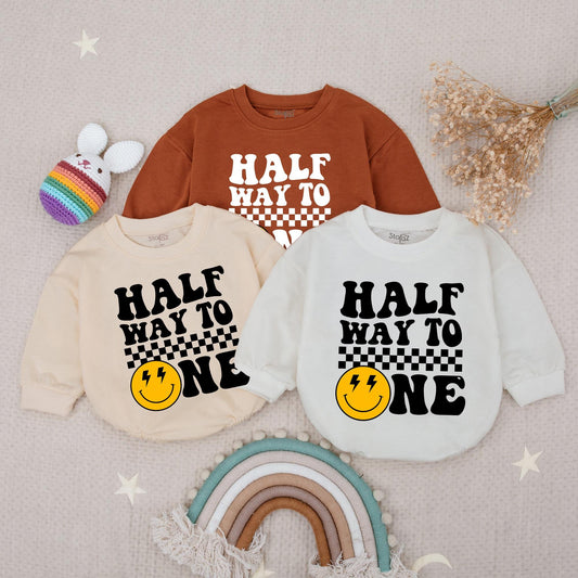 Halfway to One Birthday Romper - Unisex Smiley Face Party Outfit