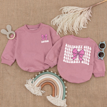 Pink Bow Birthday Girl Romper Baby Personalized JAVANI Name Retro Wavy Text Outfit First Birthday Celebration