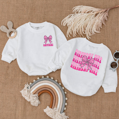 Pink Bow Birthday Girl Romper Baby Personalized JAVANI Name Retro Wavy Text Outfit First Birthday Celebration