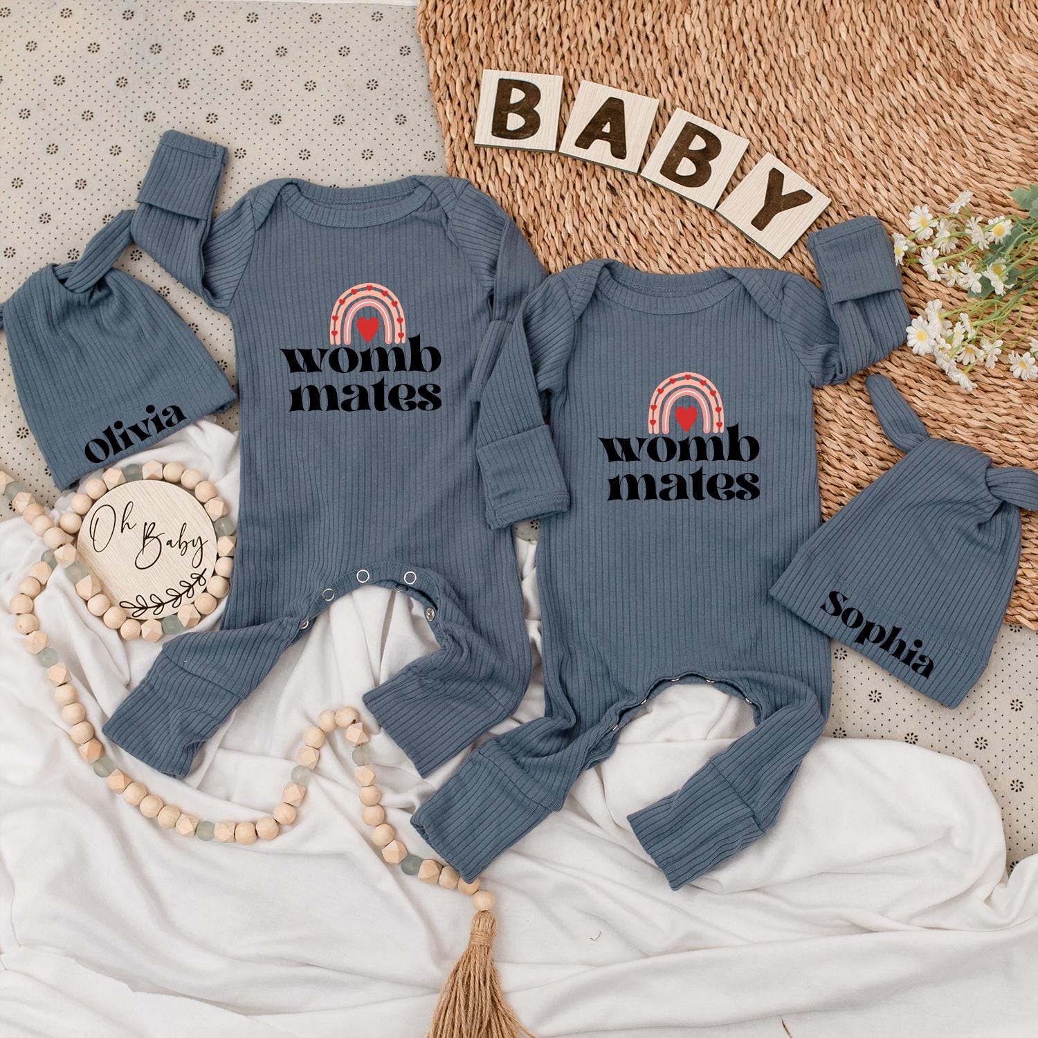 Womb Mates Twin Baby Bodysuit Set with Hats, Rainbow Heart Design | Newborn Girl or Boy Gift | Personalized Olivia & Sophia Matching Outfit 136