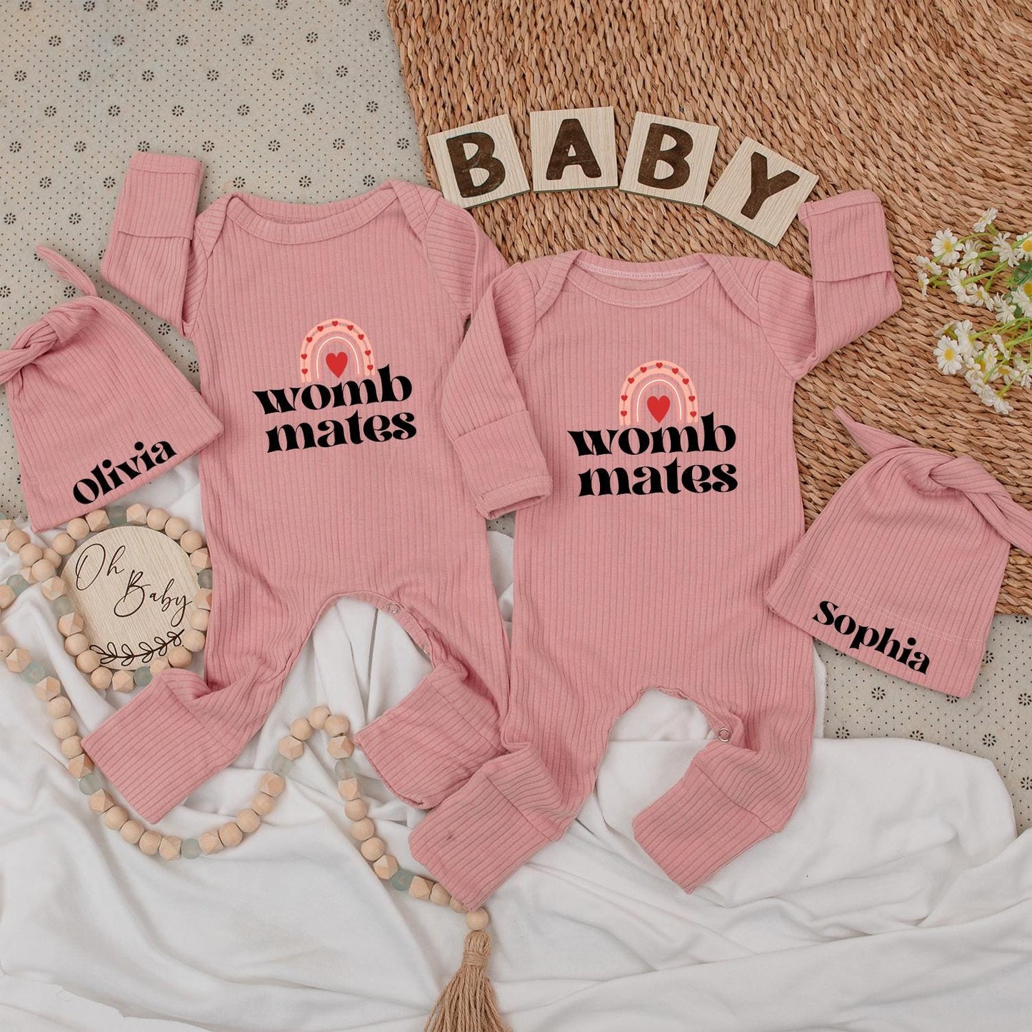 Womb Mates Twin Baby Bodysuit Set with Hats, Rainbow Heart Design | Newborn Girl or Boy Gift | Personalized Olivia & Sophia Matching Outfit 136