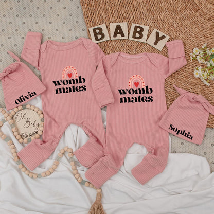 Womb Mates Twin Baby Bodysuit Set with Hats, Rainbow Heart Design | Newborn Girl or Boy Gift | Personalized Olivia & Sophia Matching Outfit 136