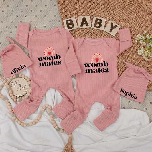 Womb Mates Twin Baby Bodysuit Set with Hats, Rainbow Heart Design | Newborn Girl or Boy Gift | Personalized Olivia & Sophia Matching Outfit 136