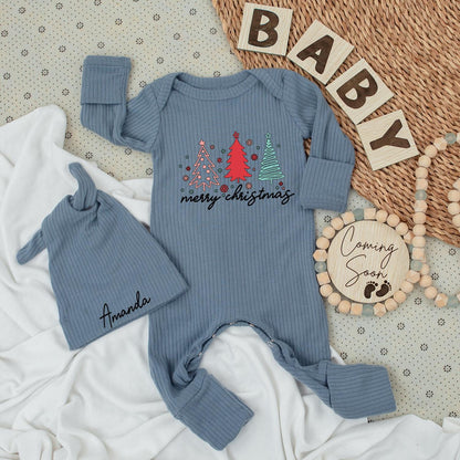 Merry Christmas Baby Bodysuit & Hat Set with Pink, Red, Teal Trees, Cursive Text and Amanda Hat Newborn Outfit Xmas Baby Girl Gift