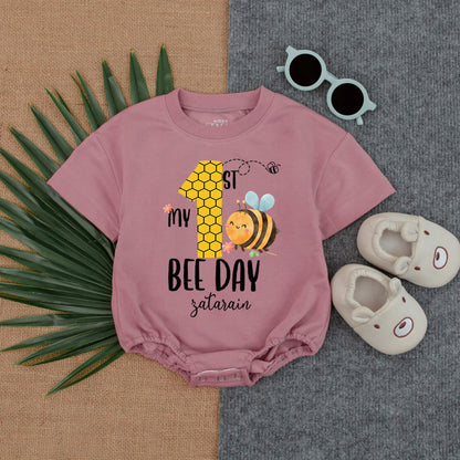 1st Bee Day Baby Romper - Personalized Bumble Bee 1st Birthday Outfit