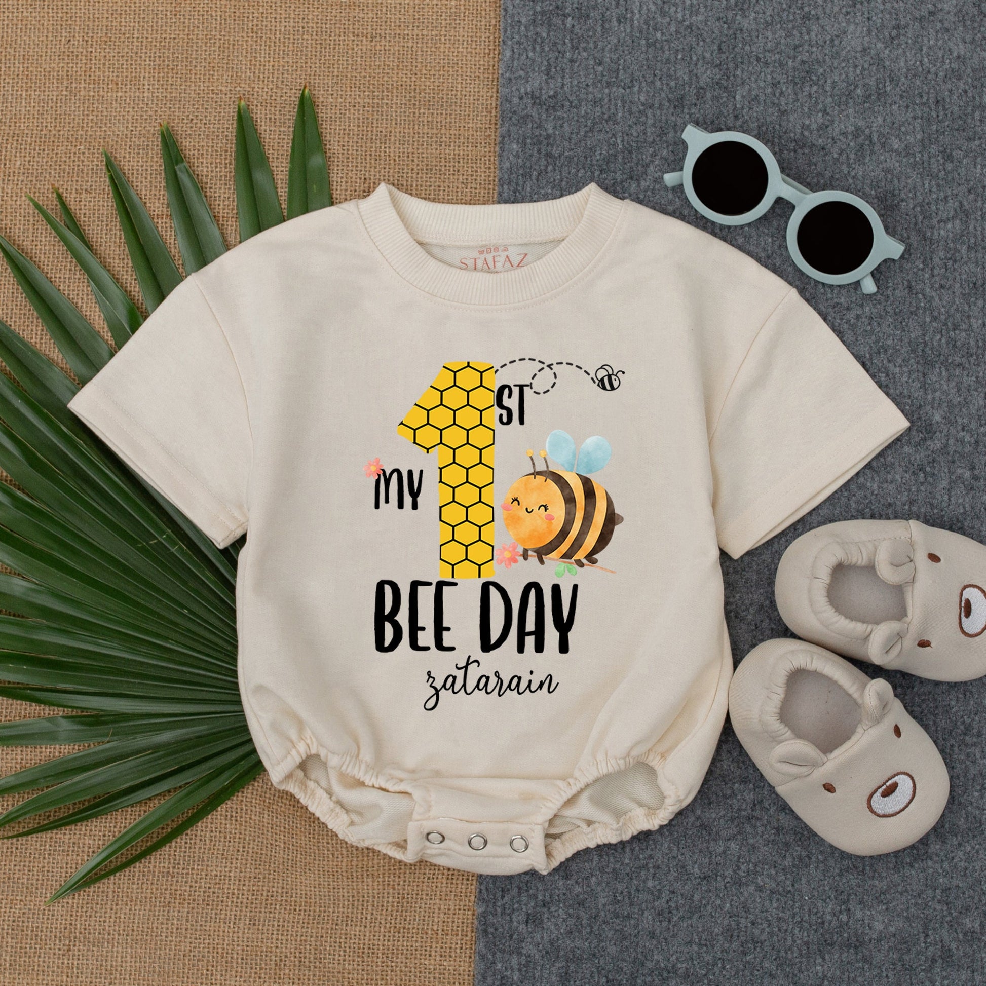 1st Bee Day Baby Romper - Personalized Bumble Bee 1st Birthday Outfit