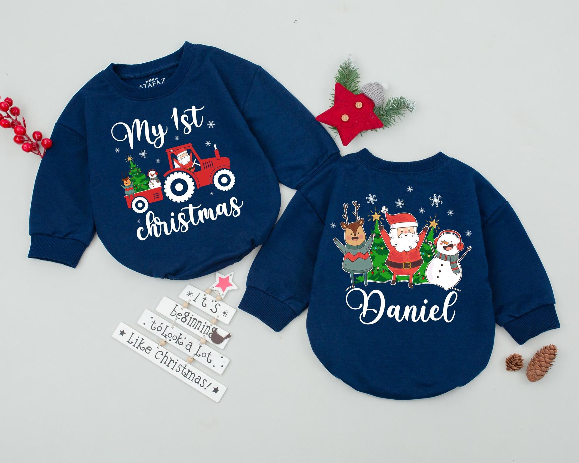 Custom Name Retro Baby Bodysuit, First Christmas Bubble Romper