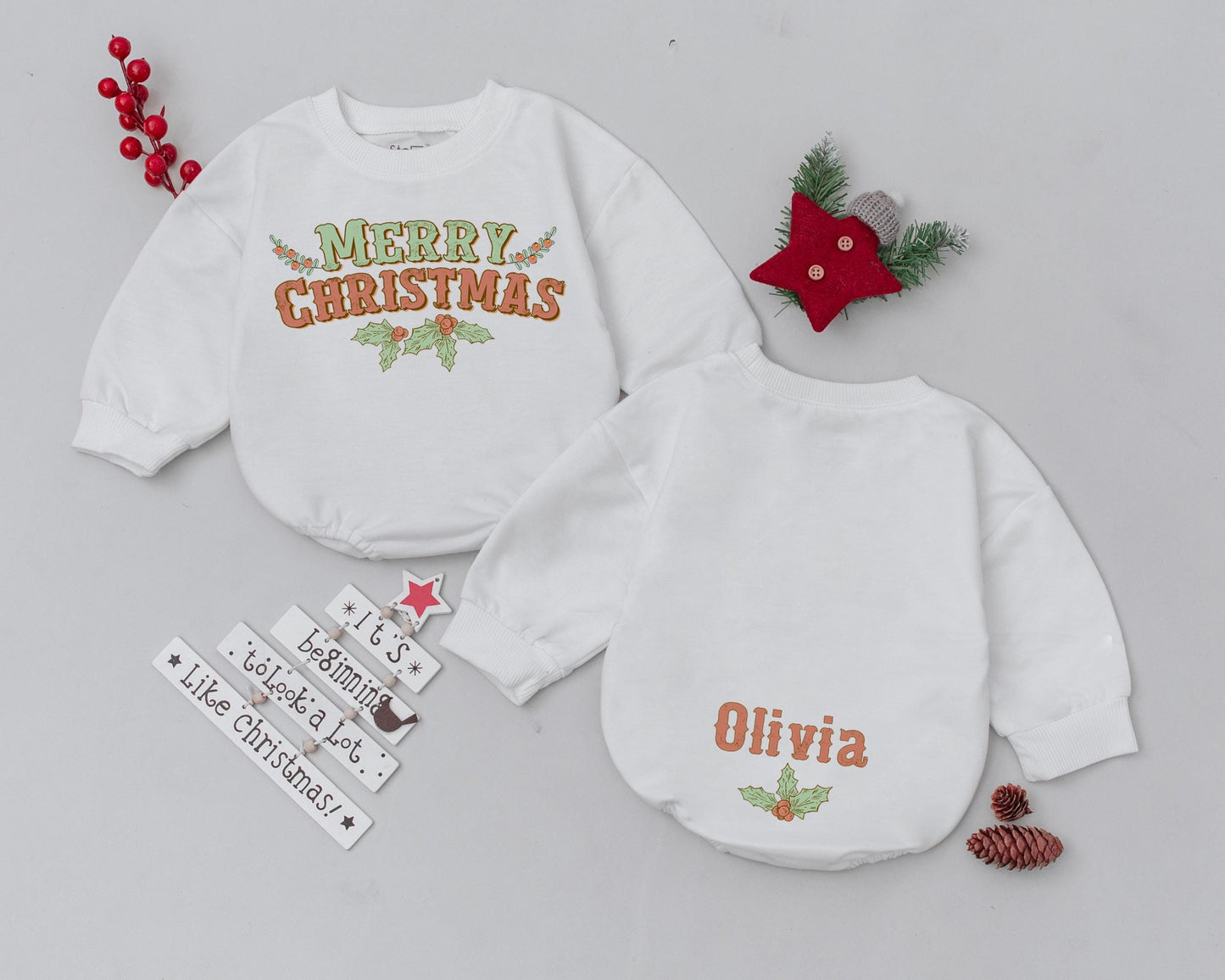 Personalized Baby Christmas Romper, Retro Bodysuit, Baby Shower Gift