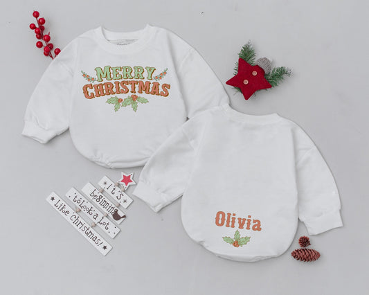 Personalized Baby Christmas Romper, Retro Bodysuit, Baby Shower Gift