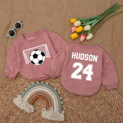 Personalized Soccer Baby Romper Name and Number Game Day Baby Bodysuit with Sporty Net Ball Design for a Unique Baby Shower Gift