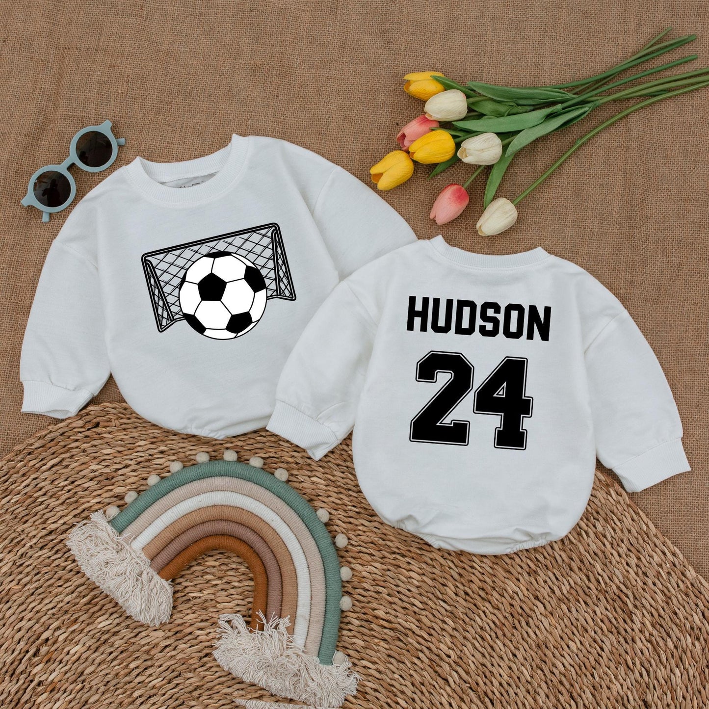 Personalized Soccer Baby Romper Name and Number Game Day Baby Bodysuit with Sporty Net Ball Design for a Unique Baby Shower Gift