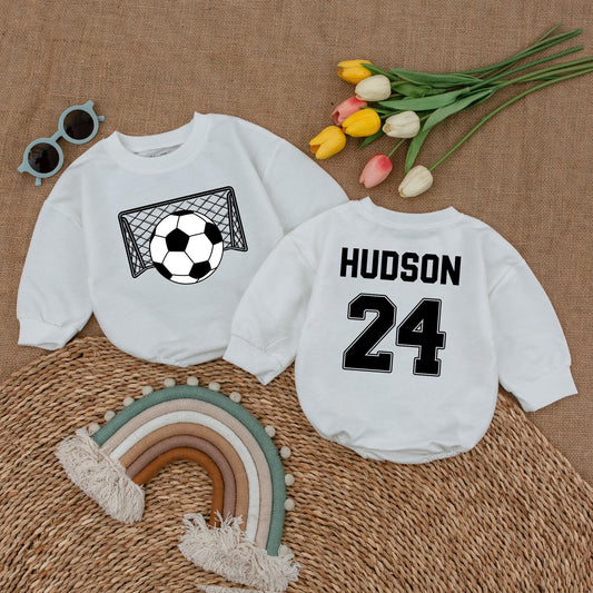 Personalized Soccer Baby Romper Name and Number Game Day Baby Bodysuit with Sporty Net Ball Design for a Unique Baby Shower Gift