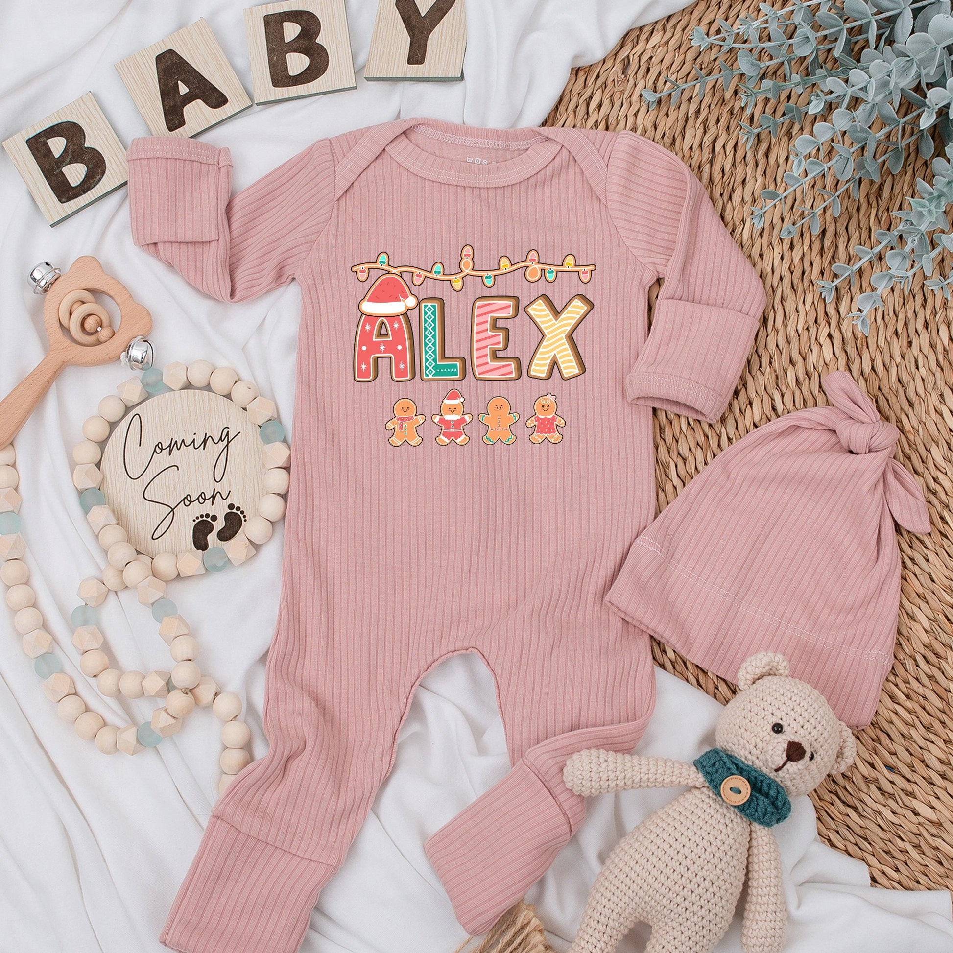 Custom "ALEX" Christmas Baby Bodysuit & Hat Set with Santa Hat A Gingerbread Figures Festive Holiday Infant Romper Baby Shower Gift