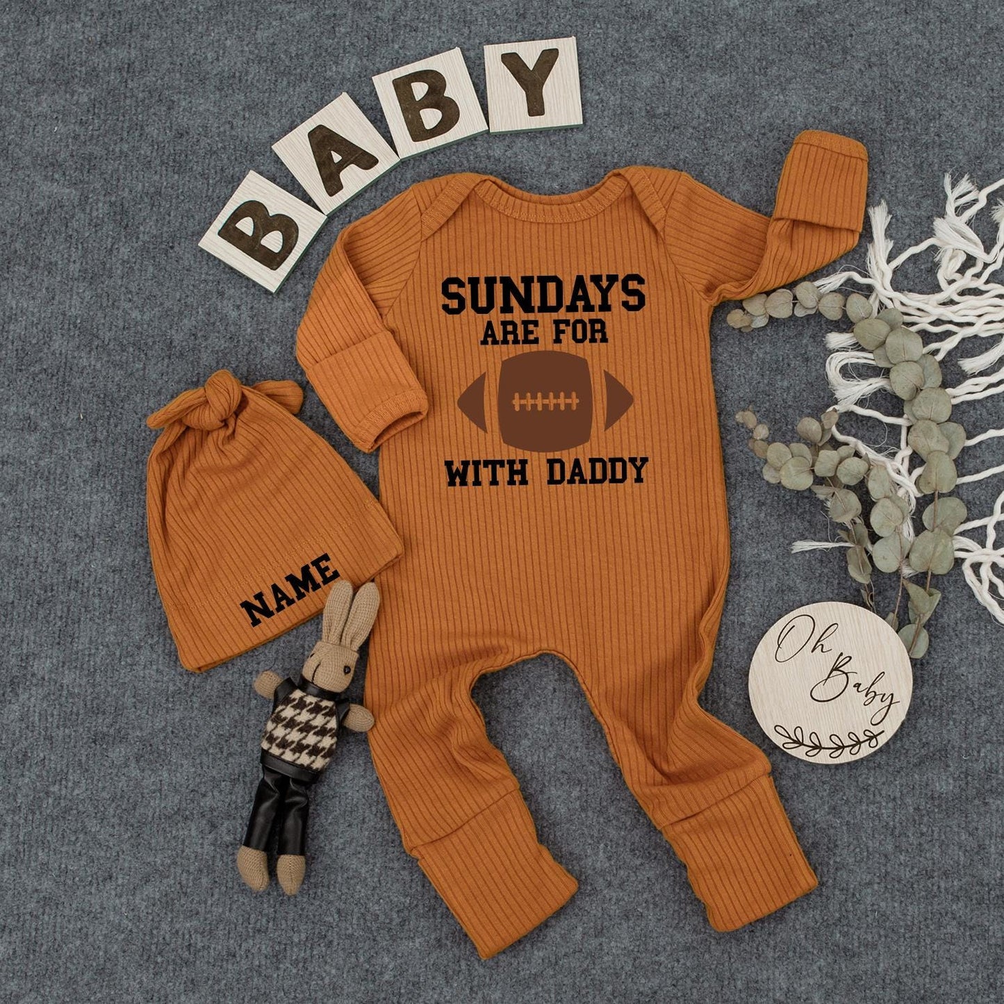 Sundays with Daddy Bodysuit & Hat Set, Game Day Baby Outfit, Newborn Football Romper, New Mom Gift, Infant Clothes, Cute Photo Prop 130-140 Characters