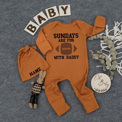 Sundays with Daddy Bodysuit & Hat Set, Game Day Baby Outfit, Newborn Football Romper, New Mom Gift, Infant Clothes, Cute Photo Prop 130-140 Characters