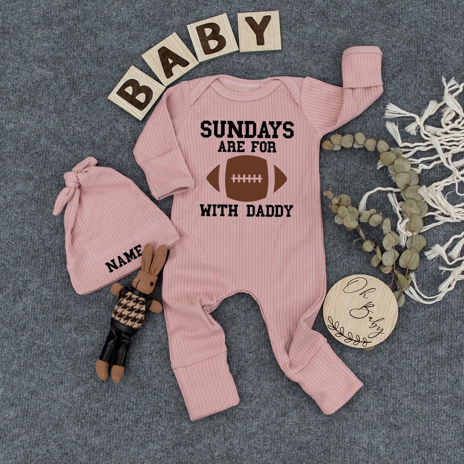 Sundays with Daddy Bodysuit & Hat Set, Game Day Baby Outfit, Newborn Football Romper, New Mom Gift, Infant Clothes, Cute Photo Prop 130-140 Characters